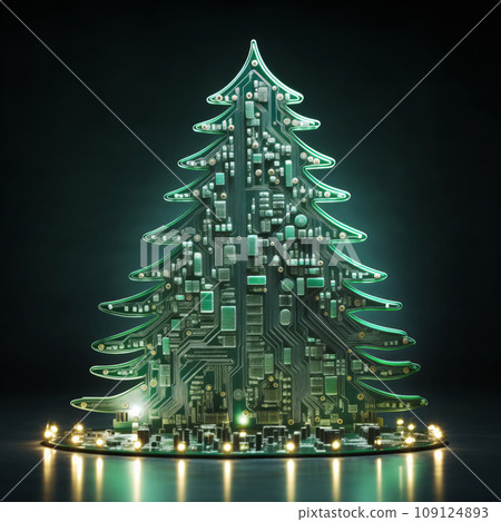 Tech Christmas concept, Christmas tree made of electronic circuitry glowing with LED lights Tech Christmas concept, Christmas tree made of electronic circuitry glowing with LED lights 109124893
