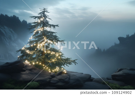 Lonely Christmas tree adorned with twinkling lights stands on a foggy cliff in the mountains at dawn 109124902