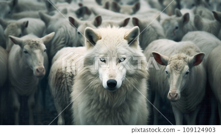 A wolf among a crowd of sheep, looking intensely at the camera A wolf among a crowd of sheep, looking intensely at the camera 109124903