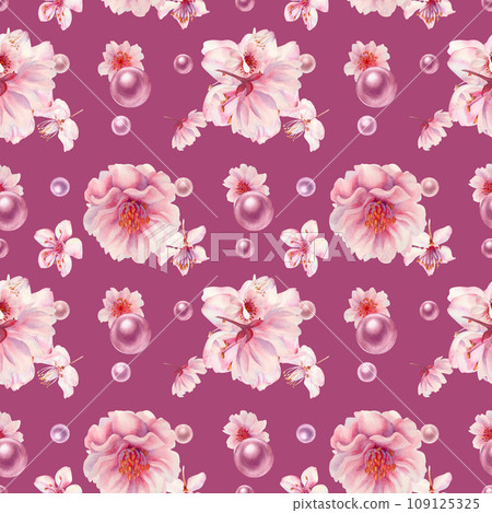 Watercolor pink seamless patterns with hand drawn illustrations of cherry blossom flowers and pearl for wedding, birthday, International Women's Day, Hanami spring holiday, Valentine's Day decoration Watercolor pink seamless patterns with hand drawn illustrations of cherry blossom flowers and pearl for wedding, birthday, International Women's Day, Hanami spring holiday, Valentine's Day decoration 109125325