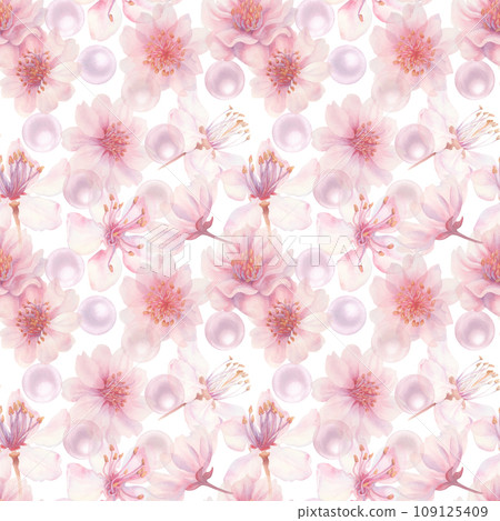 Watercolor pink seamless patterns with hand drawn illustrations of cherry blossom flowers and pearl for wedding, birthday, International Women's Day, Hanami spring holiday, Valentine's Day decoration 109125409