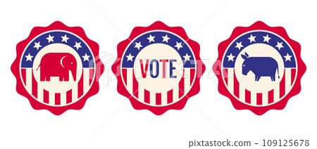 Vector vintage banners for 2024 presidential election in USA. Election 2024. Vote 2024. American pins. Donkey and elephant. 109125678