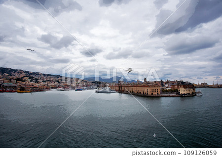 Amazing panorama of Port of Genoa  with sailboats in parking lots 109126059