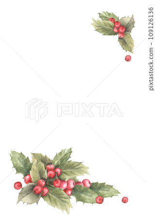 Watercolor painted arrangement with red Poinsettia flowers, leaves with flaming candles and splashes Illustration for Christmas, New Year card, winter holiday celebrate print Isolated white background 109126136