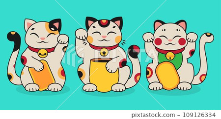 Isolated illustration of Maneki Neko. Three different characters of Asian happy cats. Japanese culture. Cartoon clipart. Vector illustration. 109126334