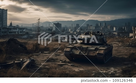 A military tank against the background of a ruined city A military tank against the background of a ruined city 109126346