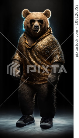 Stylish bear in sunglasses and a golden jacket on a black background 109126355