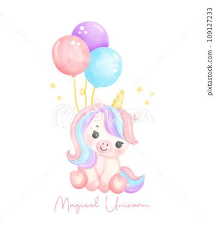 Cute unicorn with balloons watercolor nursery Art illustration. Magical Unicorn. Cute unicorn with balloons watercolor nursery Art illustration. Magical Unicorn. 109127233