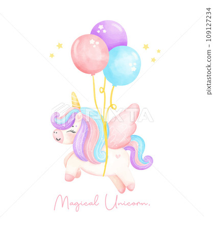 Cute unicorn with wing floating by balloons watercolor nursery Art illustration. Magical Unicorn. 109127234