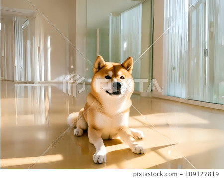 Shiba Inu lying face down in a clean room 109127819