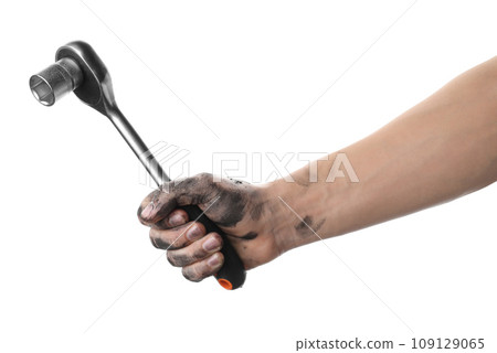 Auto mechanic holding socket wrench isolated on white, closeup 109129065