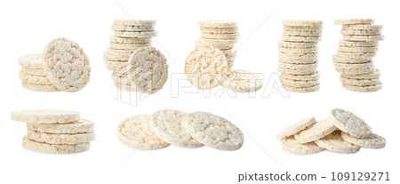 Set of puffed rice cakes on white background Set of puffed rice cakes on white background 109129271