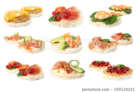 Set of puffed rice cakes with different ingredients on white background 109129281