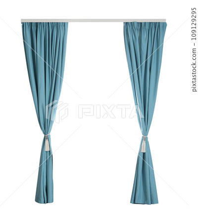 Beautiful elegant blue curtains on white background Beautiful elegant blue curtains on white background 109129295