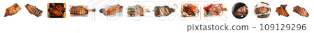Set of delicious roasted ribs on white background, top view. Banner design 109129296