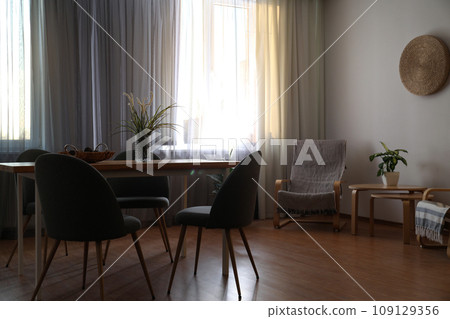 Window with stylish curtains in living room interior 109129356