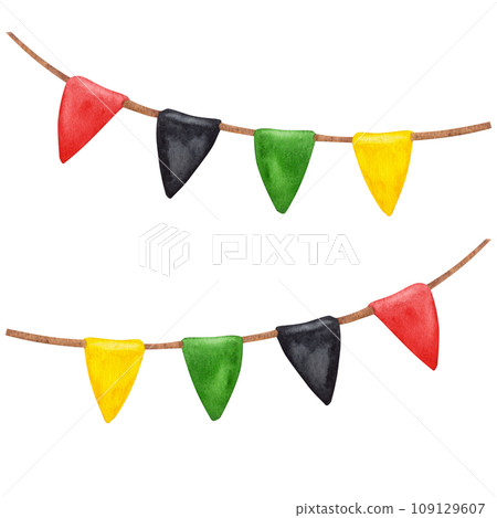 Triangular colorful flags garland red green black yellow. Kwanzaa holiday. Black history month. Hand drawn watercolor illustration isolated background. Triangular colorful flags garland red green black yellow. Kwanzaa holiday. Black history month. Hand drawn watercolor illustration isolated background. 109129607