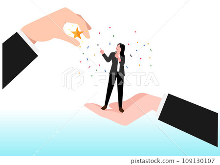 Employee success recognition, encourage and motivate best performance, cheering or honor on success or achievement concept, winning confidence businesswoman standing on big hand getting star reward. Employee success recognition, encourage and motivate best performance, cheering or honor on success or achievement concept, winning confidence businesswoman standing on big hand getting star reward. 109130107