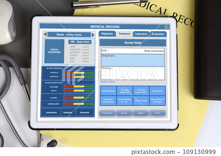Medical record form showing on electronic tablet screen..medical record form showing on electronic tablet screen. 109130999