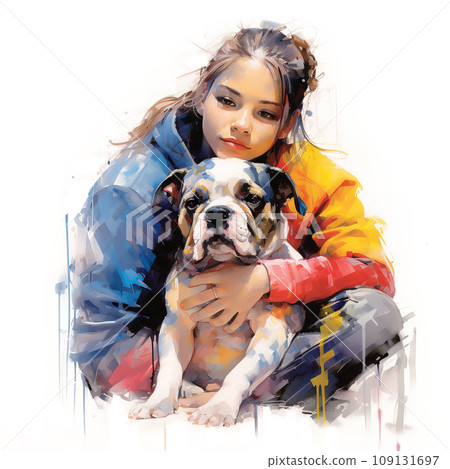 Painting of a girl hugging a dog on a clean background. Mammals. Pet. Animals. Painting of a girl hugging a dog on a clean background. Mammals. Pet. Animals. 109131697