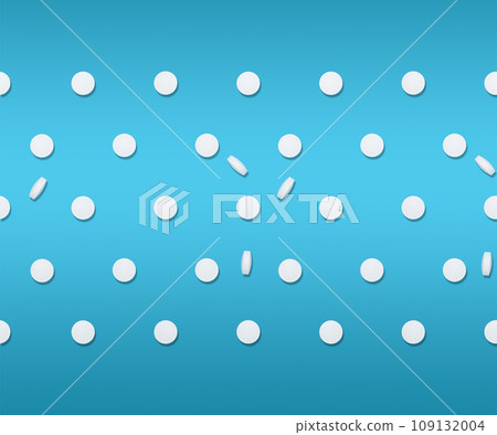 White pills as seamless pattern on soft light blue gradient background in hard light with shadow, top view. Medical and treatment concept White pills as seamless pattern on soft light blue gradient background in hard light with shadow, top view. Medical and treatment concept 109132004