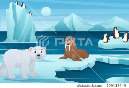 Antarctic scene with many animals . Vector . Antarctic scene with many animals . Vector . 109132649