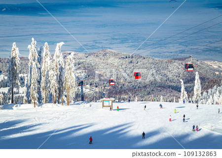 Ski gondolas and skiers on the ski slope, Romania 109132863