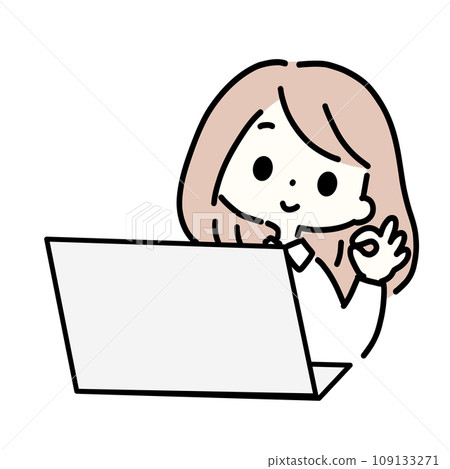 Illustration of a woman giving an OK sign in front of a computer Illustration of a woman giving an OK sign in front of a computer 109133271