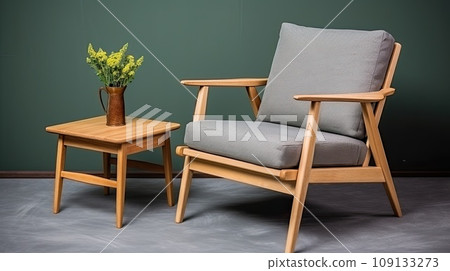 Gray armchair and wooden coffee table and copy space in retro home decoration. Gray armchair and wooden coffee table and copy space in retro home decoration. 109133273