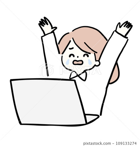 Illustration of a woman rejoicing in front of a computer 109133274
