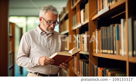 Elderly male lecturer in glasses reads book repeating material to preach subject to students 109133317