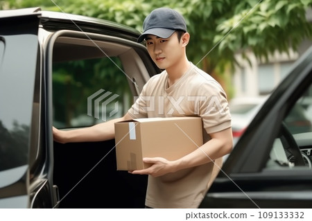 Young man holds cardboard box with packaged goods making home delivery. 109133332