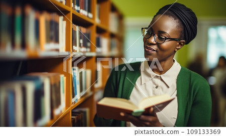 African American woman professor studies material in textbook standing near shelves in library African American woman professor studies material in textbook standing near shelves in library 109133369
