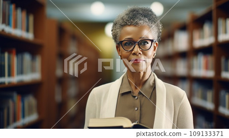 African American woman professor studies material in textbook standing near shelves in library African American woman professor studies material in textbook standing near shelves in library 109133371