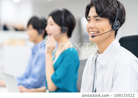 Young male and female operators working at a call center 109133522