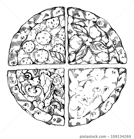 Hand drawn vector ink illustration. Pizza slice with toppings, traditional Italian cuisine meal. Single object isolated on white. Design for restaurant, menu, cafe, food shop or package, flyer, print. Hand drawn vector ink illustration. Pizza slice with toppings, traditional Italian cuisine meal. Single object isolated on white. Design for restaurant, menu, cafe, food shop or package, flyer, print. 109134269