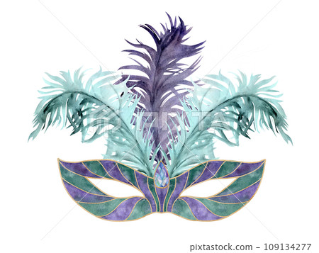 Hand drawn watercolor Mardi Gras carnival symbols. Theater masquerade circus mask with feathers, gold purple green. Single object isolated on white background. Design for party invitation, print, shop Hand drawn watercolor Mardi Gras carnival symbols. Theater masquerade circus mask with feathers, gold purple green. Single object isolated on white background. Design for party invitation, print, shop 109134277