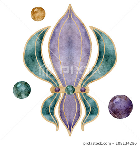 Hand drawn watercolor Mardi Gras carnival symbols. Lily iris flower French fleur de lis, purple green gold beads. Single object isolated on white background. Design for party invitation, print, shop 109134280