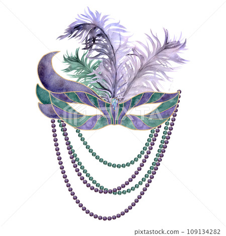 Hand drawn watercolor Mardi Gras carnival symbols. Theater masquerade mask with feathers and beads, gold purple green. Single object isolated on white background. Design party invitation, print, shop Hand drawn watercolor Mardi Gras carnival symbols. Theater masquerade mask with feathers and beads, gold purple green. Single object isolated on white background. Design party invitation, print, shop 109134282