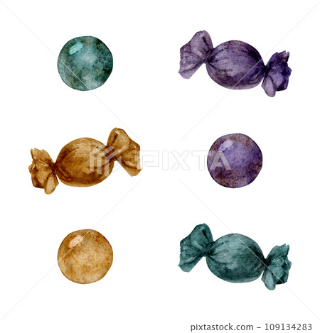 Hand drawn watercolor Mardi Gras carnival symbols. Candy sweet bonbons, glass beads confetti gold purple green. Single object isolated on white background. Design for party invitation, print, shop Hand drawn watercolor Mardi Gras carnival symbols. Candy sweet bonbons, glass beads confetti gold purple green. Single object isolated on white background. Design for party invitation, print, shop 109134283