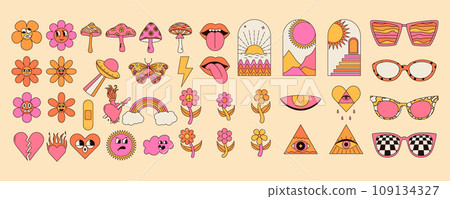 Groovy hippie sticker pack with psychedelic mushrooms, rainbow, flower, lips, eyes, sunglasses and more. Vintage vector graphics. 109134327