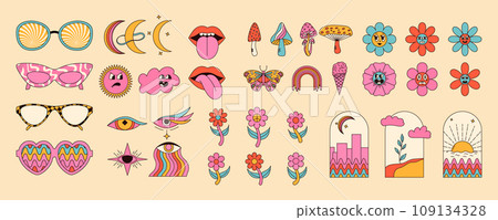 Groovy hippie sticker collection with colorful mushrooms, moon, flower, lips, eyes, sunglasses and more. Vintage vector art. Groovy hippie sticker collection with colorful mushrooms, moon, flower, lips, eyes, sunglasses and more. Vintage vector art. 109134328