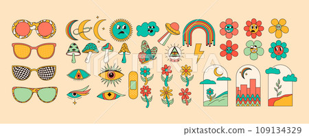 Set of groovy hippie stickers with colorful mushrooms, moon, flower, eyes, sunglasses and more. Retro trippy vector art. Set of groovy hippie stickers with colorful mushrooms, moon, flower, eyes, sunglasses and more. Retro trippy vector art. 109134329