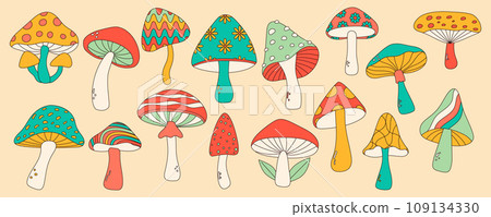 Set of vintage groovy mushrooms in 70s groovy style. Vector illustration Set of vintage groovy mushrooms in 70s groovy style. Vector illustration 109134330