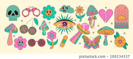 Collection of vintage groovy elements. Mushrooms, sun, flower, lips, eyes, sunglasses and etc. Sticker pack in trendy retro 70s cartoon style. Vector illustration Collection of vintage groovy elements. Mushrooms, sun, flower, lips, eyes, sunglasses and etc. Sticker pack in trendy retro 70s cartoon style. Vector illustration 109134337