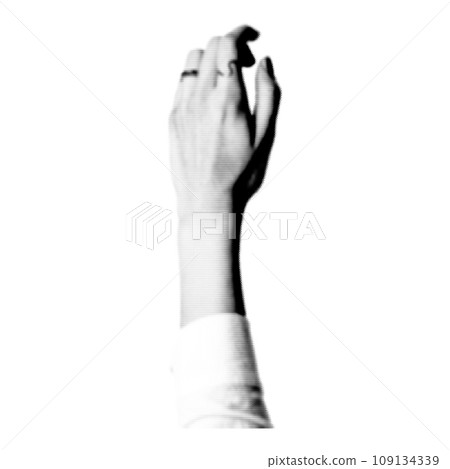 Halftone human hand. Collage design element in trendy magazine style. Retro halftone effect. Illustration with vintage grunge punk cutout shape. Halftone human hand. Collage design element in trendy magazine style. Retro halftone effect. Illustration with vintage grunge punk cutout shape. 109134339