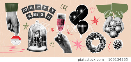 Halftone collage elements with funky doodle shapes. Christmas tree, snowman, snow globe, balloons, champagne. Vector illustration 109134365
