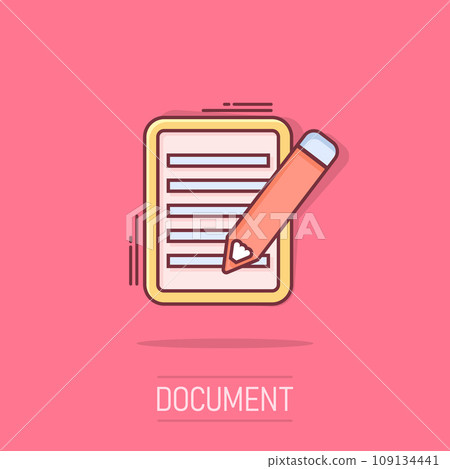 Vector cartoon document with pencil icon in comic style. Note with pen sign illustration pictogram. Notebook business splash effect concept. Vector cartoon document with pencil icon in comic style. Note with pen sign illustration pictogram. Notebook business splash effect concept. 109134441