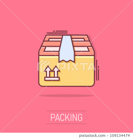 Vector cartoon packaging box icon in comic style. Shipping pack sign illustration pictogram. Box business splash effect concept. 109134474