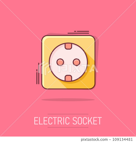 Vector cartoon extension cord sign icon in comic style. Electric power socket sign illustration pictogram. Power socket business splash effect concept. 109134481